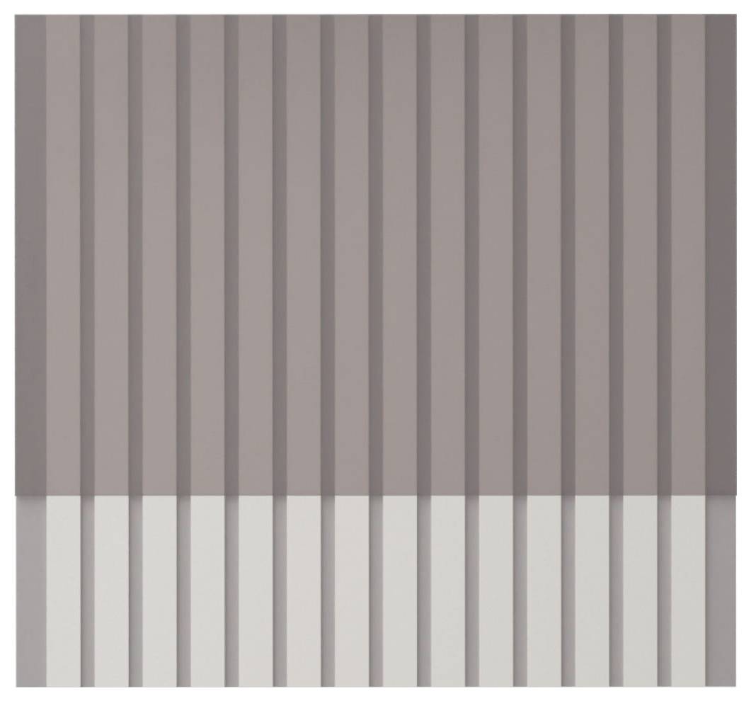 Abstraktes Bild mit vertikalen gedämpften grau- und beigefarben Streifen, mit dunkleren Tönen oben und helleren Tönen unten.