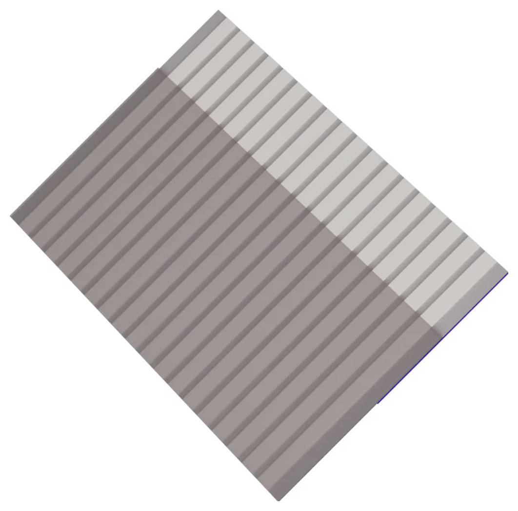 Ein diagonales, gestreiftes rechteckiges Panel mit einem helleren Bereich oben rechts vor einem schlichten weißen Hintergrund.
