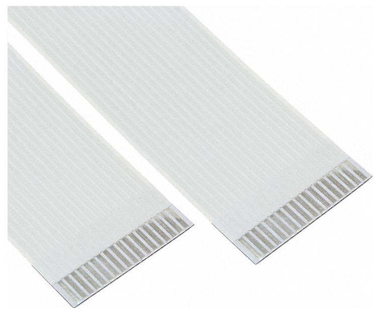 Flaches flexibles Kabel (FFC) mit freiliegenden Metallkontakten an beiden Enden, verwendet zum Verbinden kompakter elektronischer Komponenten.