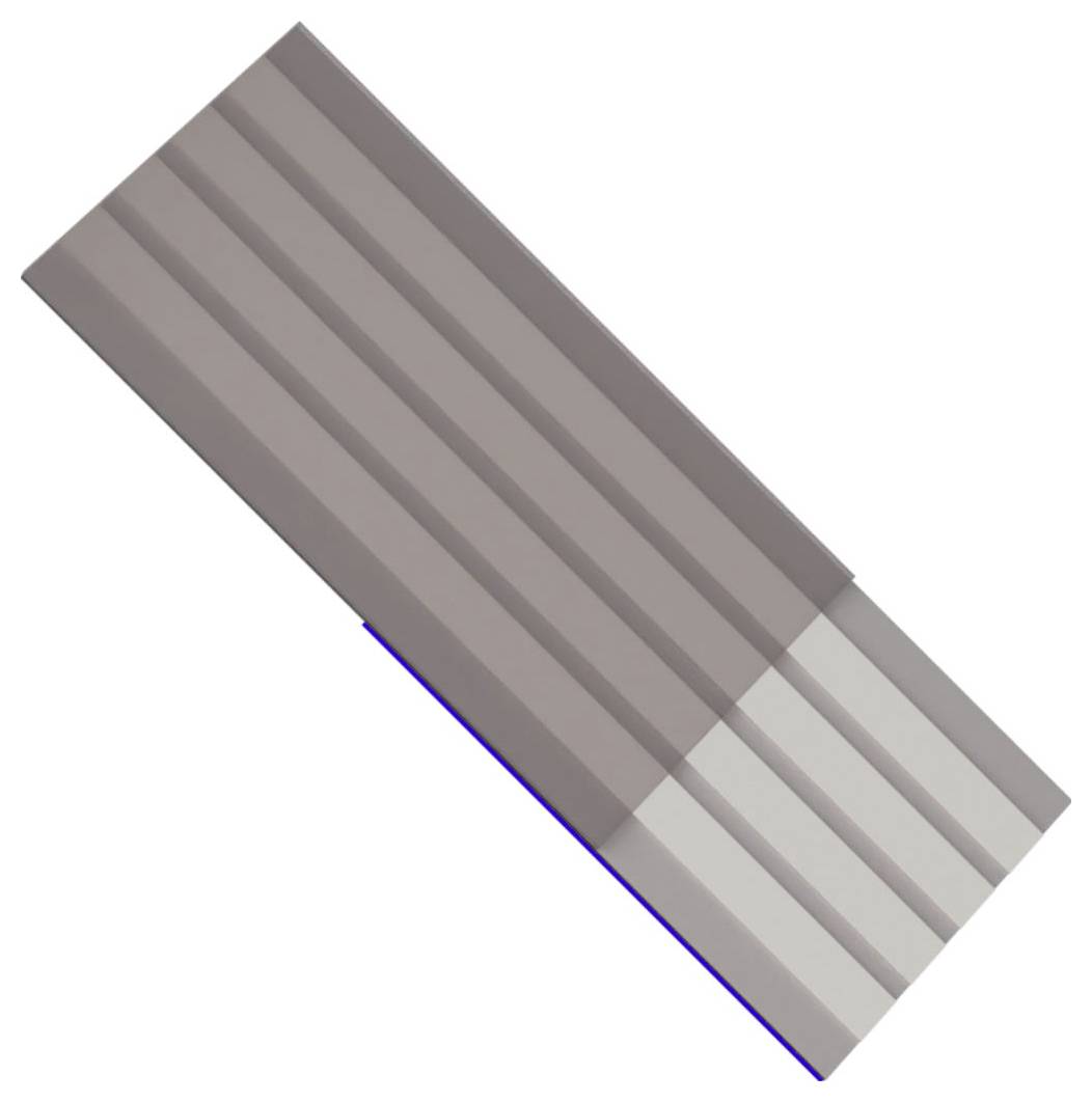 Diagonales graues Riffel-Rechteckpanel mit einem helleren durchsichtigen Endbereich und blauer Kante, dargestellt auf weißem Hintergrund.