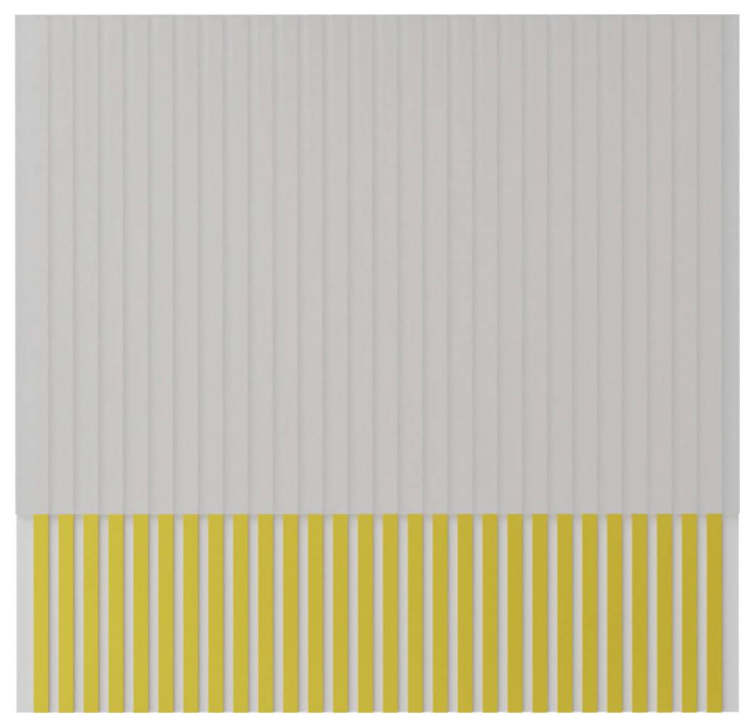 Abstrakte Grafik mit blassen vertikalen grauen Streifen über einer Reihe von gleichmäßig verteilten gelben Balken am unteren Rand.