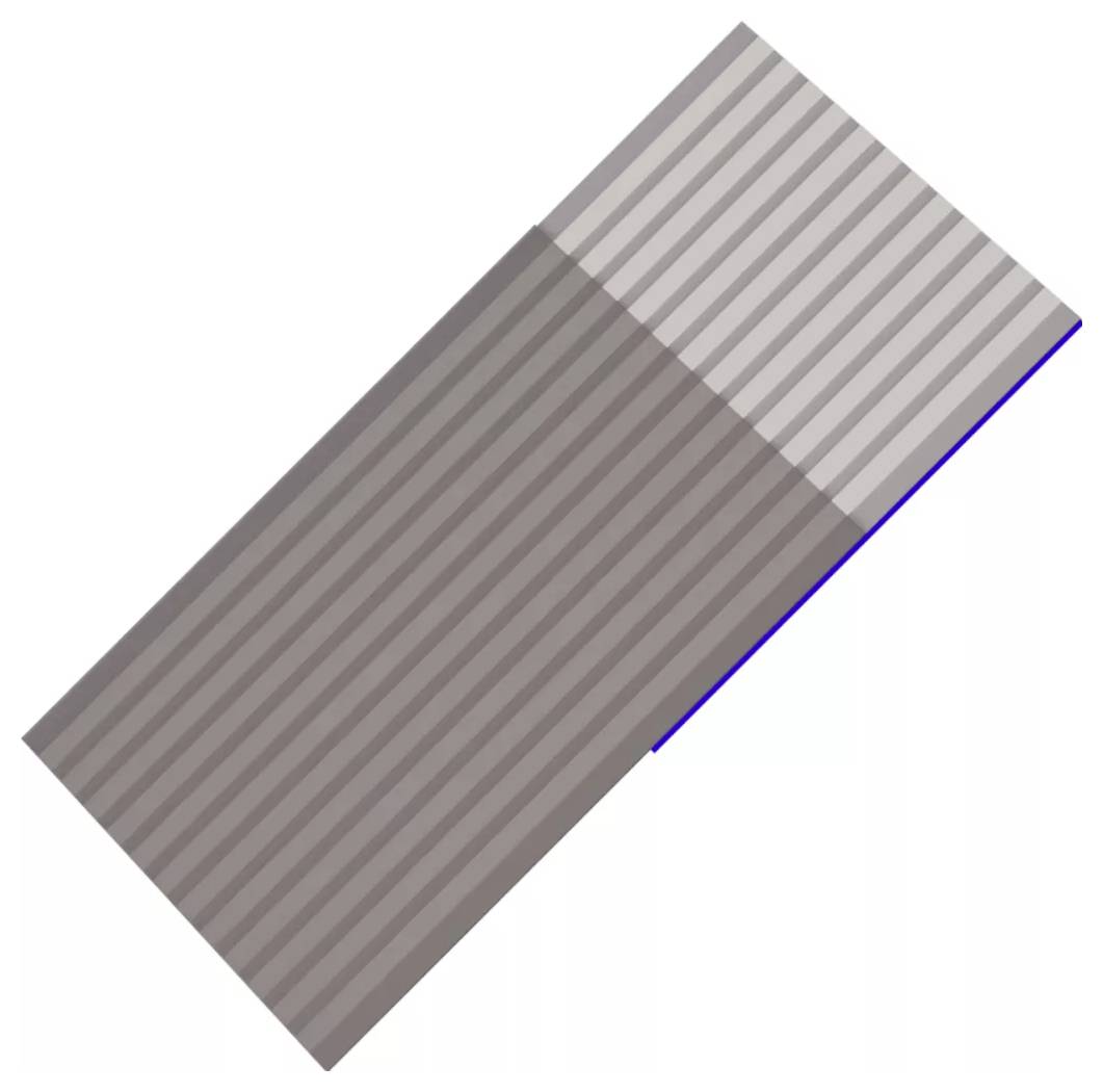 Ein diagonal gestreiftes rechteckiges Panel mit einem dunkleren unteren Abschnitt und einem helleren oberen Abschnitt, mit blauer Kontur an der rechten Kante.