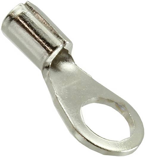 Ein Silber-Ringkabelschuh mit einem Loch zum Anschließen von Drähten, mit einem zylindrischen Bereich zum Einfügen und Crimpen von Kabeln.