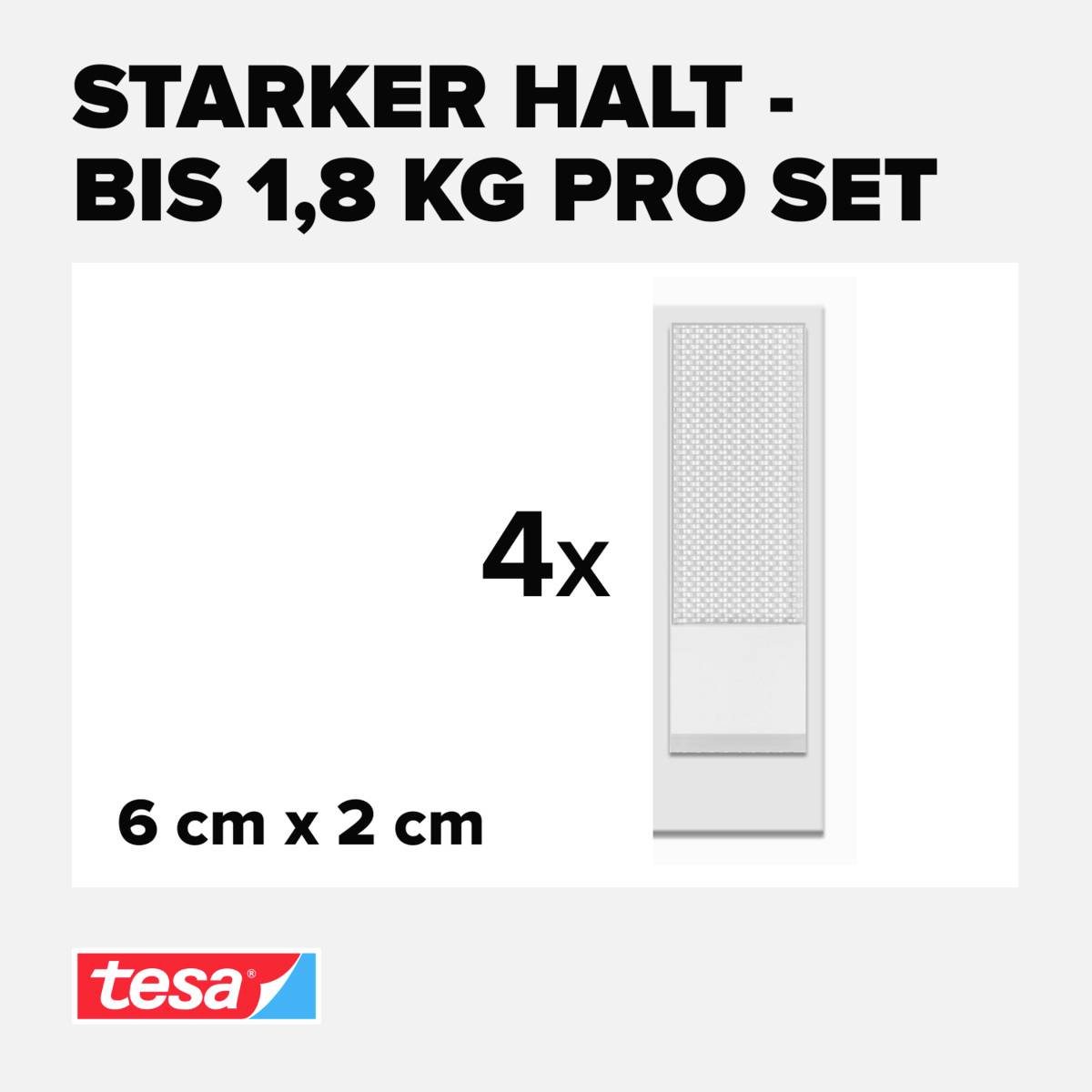 'Starker Halt - bis 1,8 kg pro Set: 4x Klebestreifen, 6 cm x 2 cm.' Tesa-Logo unten links.