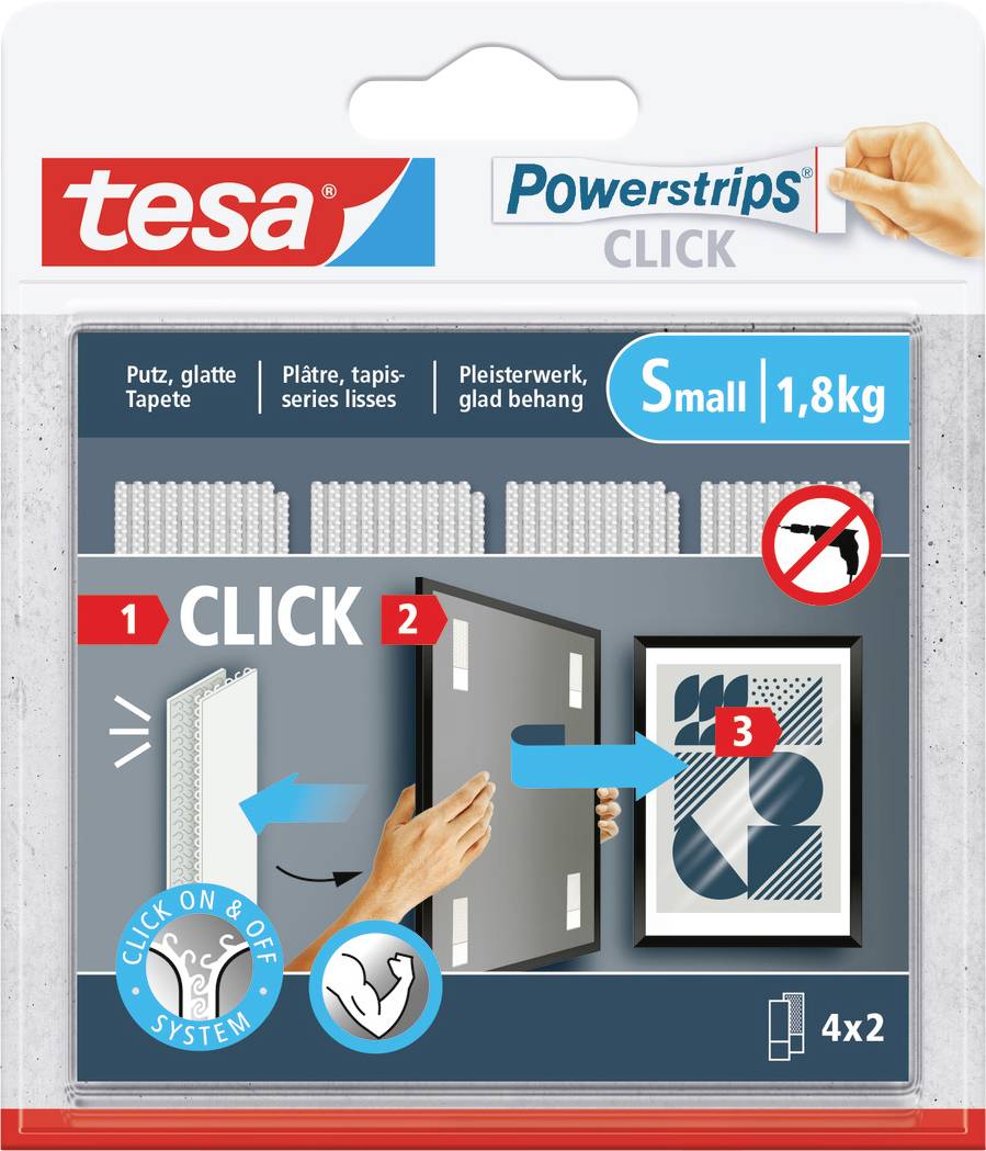 Verpackung von tesa Powerstrips CLICK für glatte Oberflächen, Small, 1,8 kg Belastbarkeit. Bebilderte Anleitung für Anwendung.