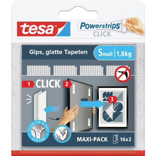 Tesa Powerstrips CLICK Small 16x 2 Stück (L x B) 60mm x 20mm Inhalt: 16 Paar Tesa Powerstrips CLICK Small 16x 2 Stück (L x B) 60mm x 20mm Inhalt: 16 Paar