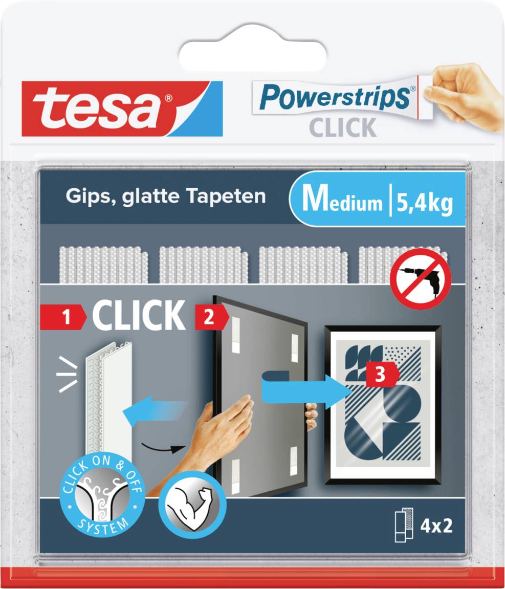 'Verpackung mit tesa Powerstrips CLICK' zeigt Befestigungsmechanismus für Gips und glatte Tapeten. Tragkraft: 5,4 kg, Größe Medium.