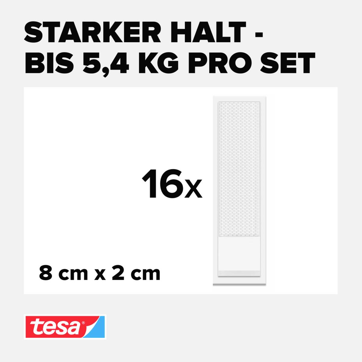 'Starker Halt - Bis 5,4 kg pro Set', zeigt 16 wiederverwendbare Klettstreifen, Größe 8 cm x 2 cm, von Marke tesa.
