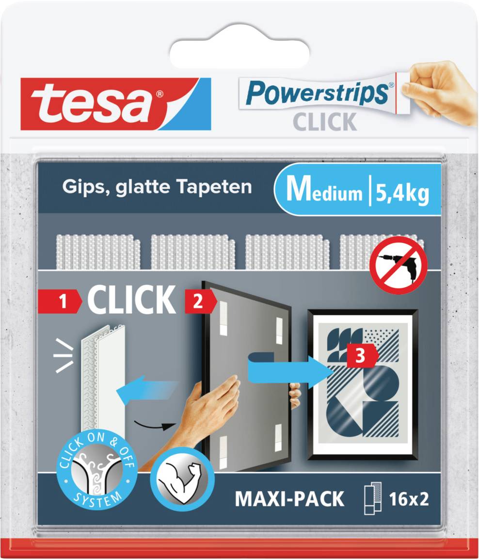 Verpackung von tesa Powerstrips Click für Gips und glatte Tapeten. Enthält maxi-pack mit Klickmechanismus, geeignet für 5,4 kg.