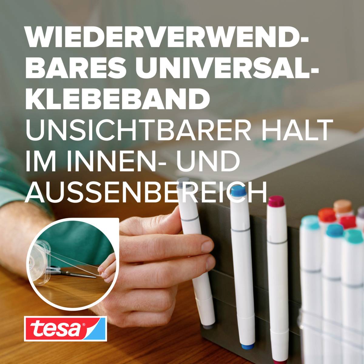 Wiederverwendbares Universalklebeband reklamiert unsichtbaren Halt im Innen- und Außenbereich. tesa-Logo unten links.