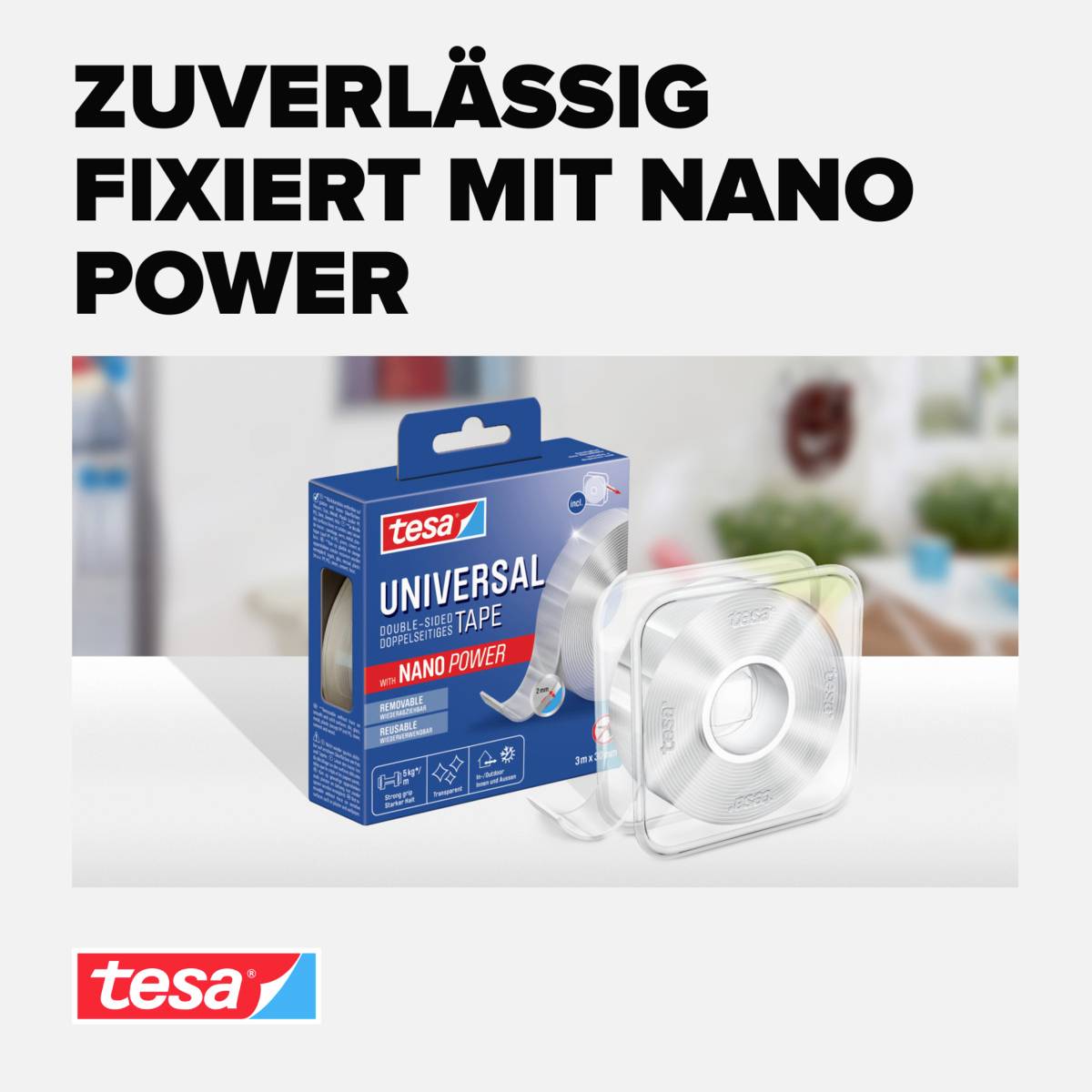 Abbildung der Tesa Universal Klebeband-Verpackung mit Nano Power im Vordergrund. Text: Zuverlässig fixiert mit Nano Power.