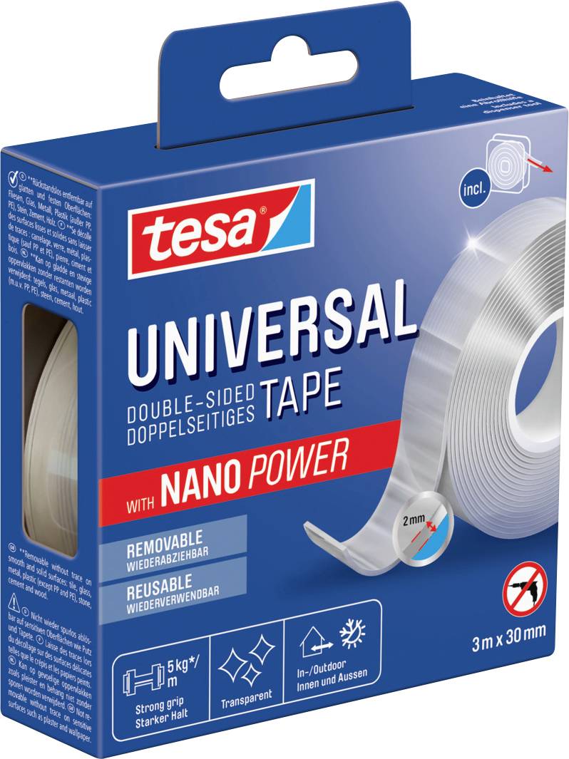 Verpackung für 'Tesa Universal Tape', doppelseitiges, wiederverwendbares Klebeband mit Nano-Technologie, hält bis 5 kg.