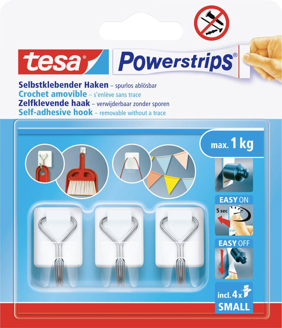Verpackung von Tesa Powerstrips mit selbstklebenden Haken, hält bis 1 kg, leicht anzubringen und zu entfernen, inkl. 4 Haken.
