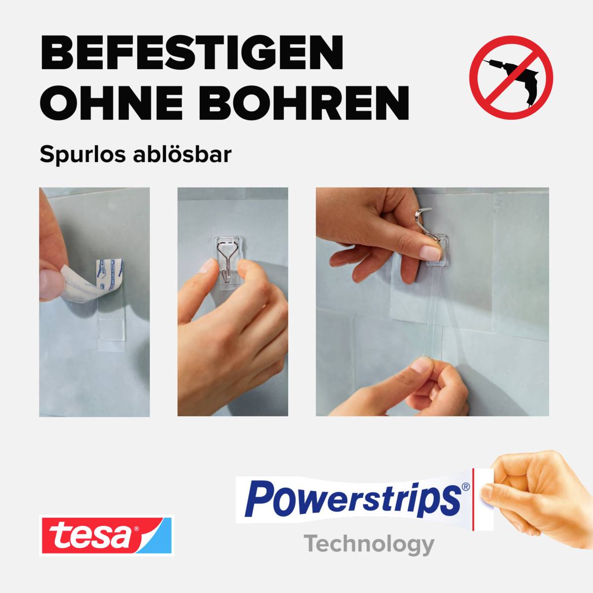 'Befestigen ohne Bohren': Drei Schritte zur einfachen Anbringung mit Powerstrips, kein Bohrer nötig, spurlos ablösbar.