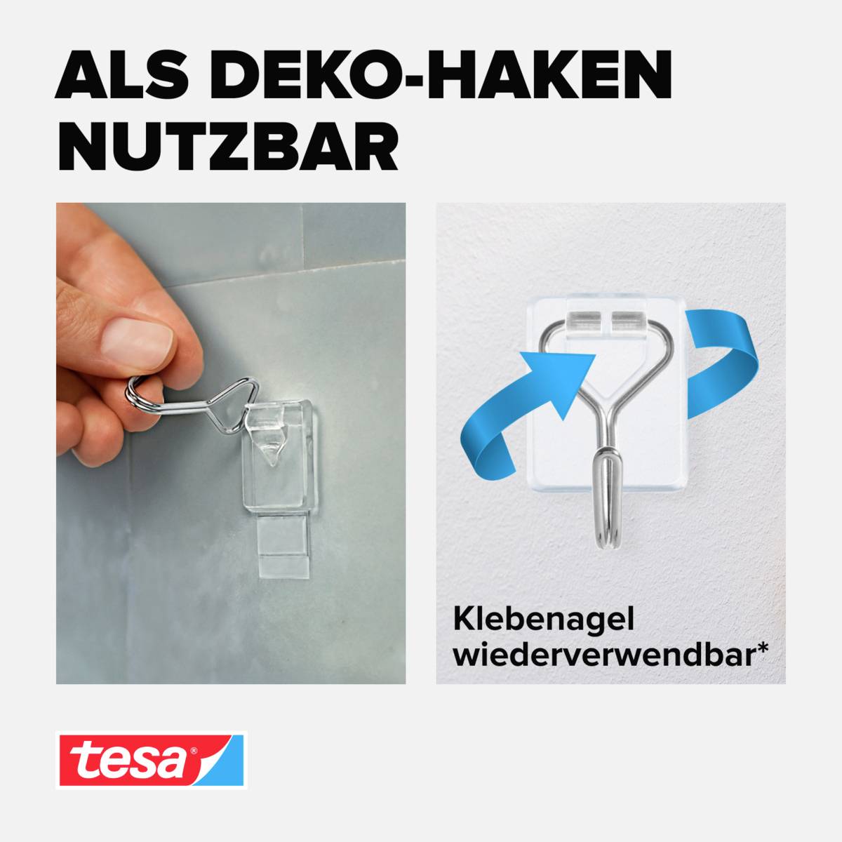 'Klebenagel wiederverwendbar' zeigt eine Anwendung eines Klebehakens an einer Wand. Links: Der Haken an einer Fliese. Rechts: Haken von der Wand abnehmbar.