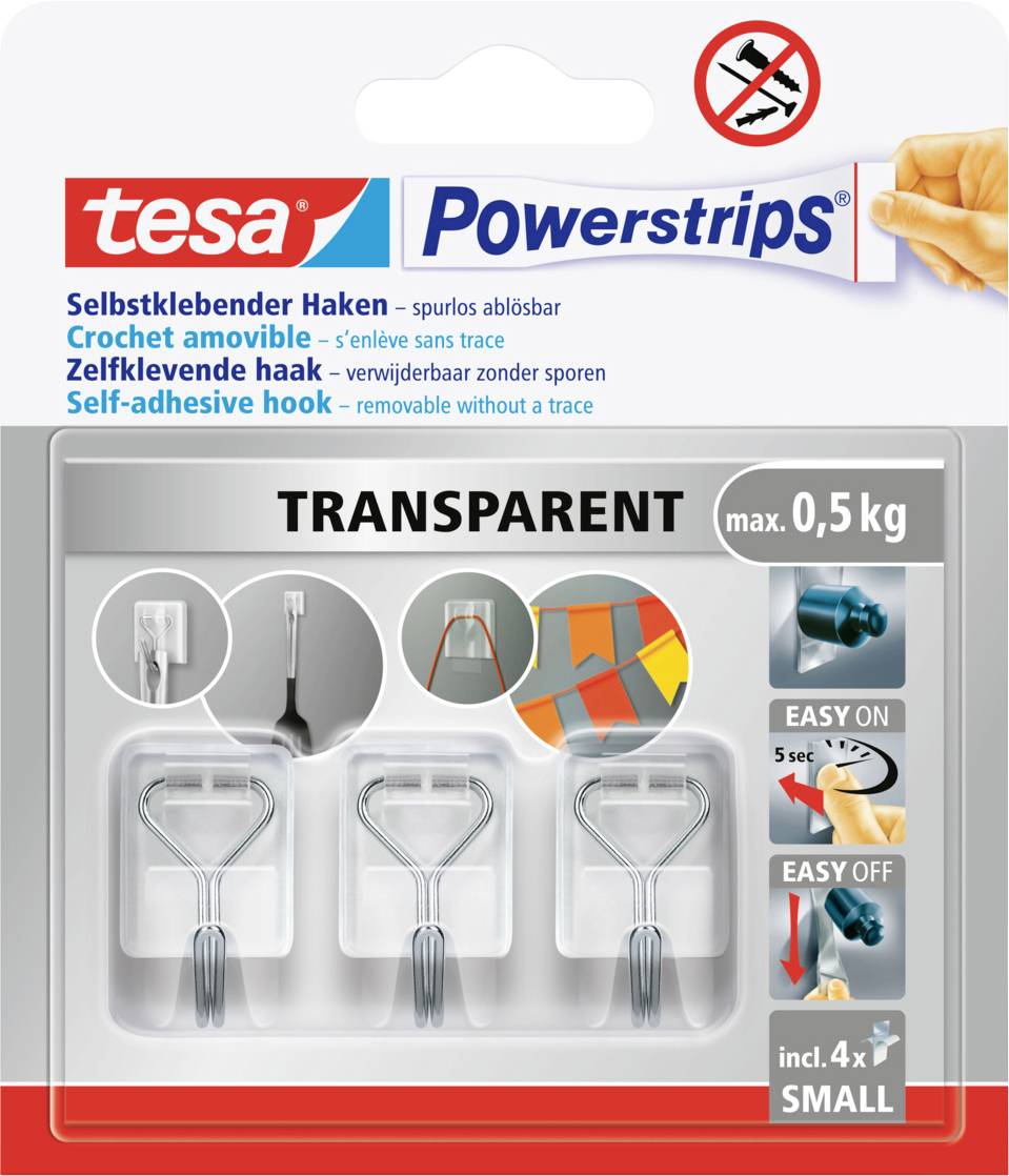 'Selbstklebende Haken Tesa Powerstrips Transparent', max. 0,5 kg, einfach zu installieren und spurlos zu entfernen, inkl. 4 Stück, Größe: Klein.