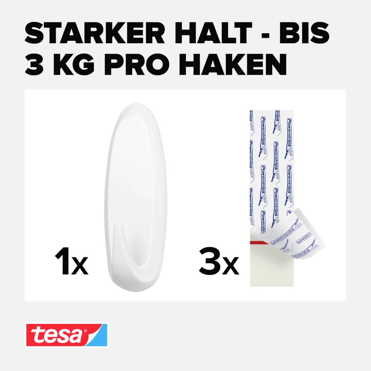 'Starker Halt - bis 3 kg pro Haken'. Abbildung eines weißen Hakens und dreier Klebestreifen von tesa, darunter das tesa-Logo.