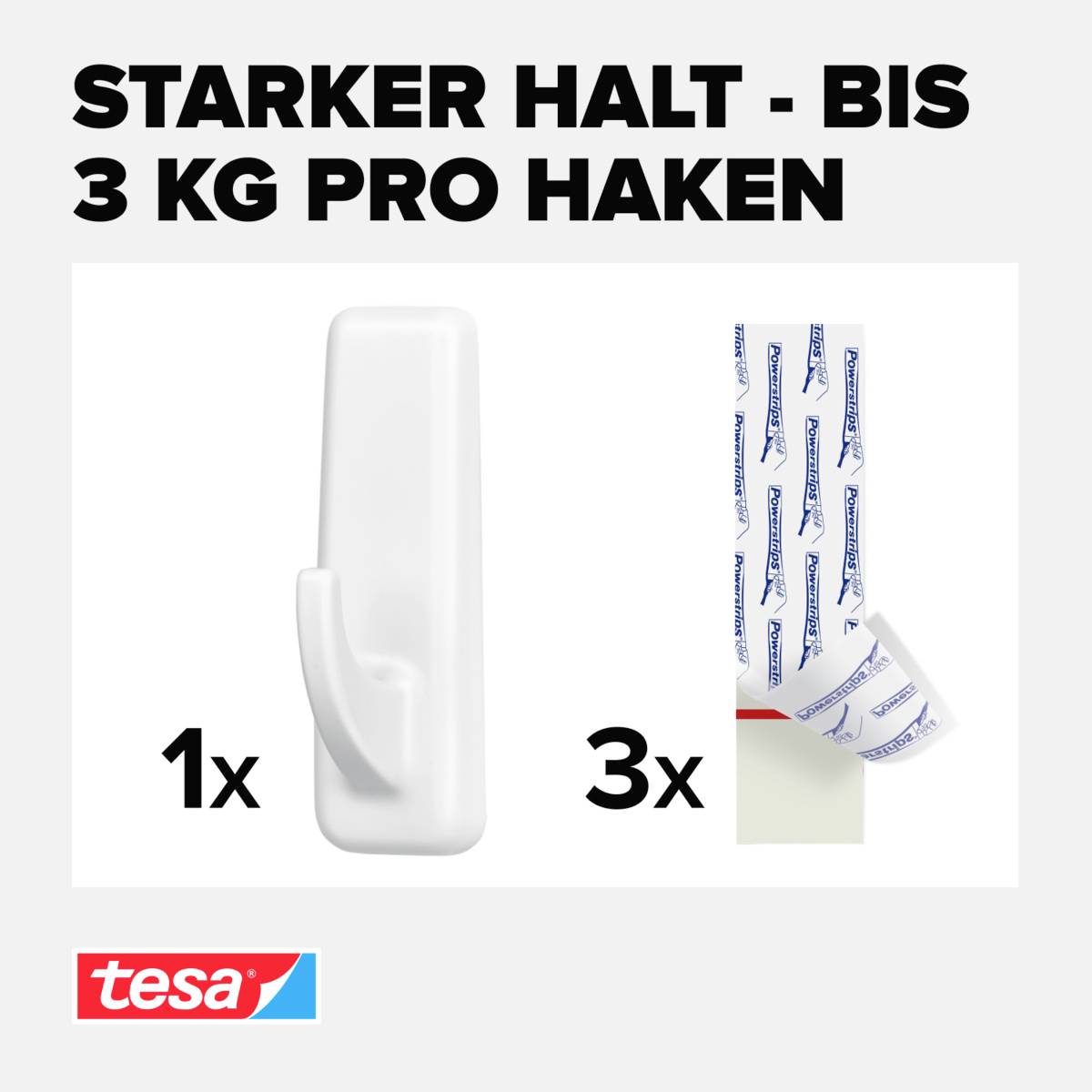 'Starker Halt - bis 3 kg pro Haken' zeigt einen weißen Haken und drei Klebestreifen. Unten das tesa-Logo.