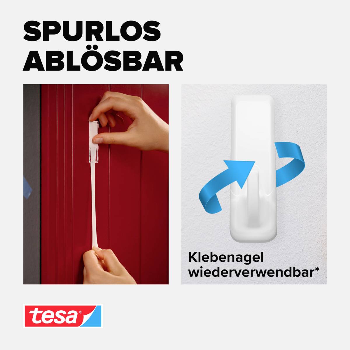 Zwei Bilder: Eine Hand entfernt einen Klebestreifen von einer roten Wand. Rechts daneben ein wiederverwendbarer Klebenagel mit Pfeil.