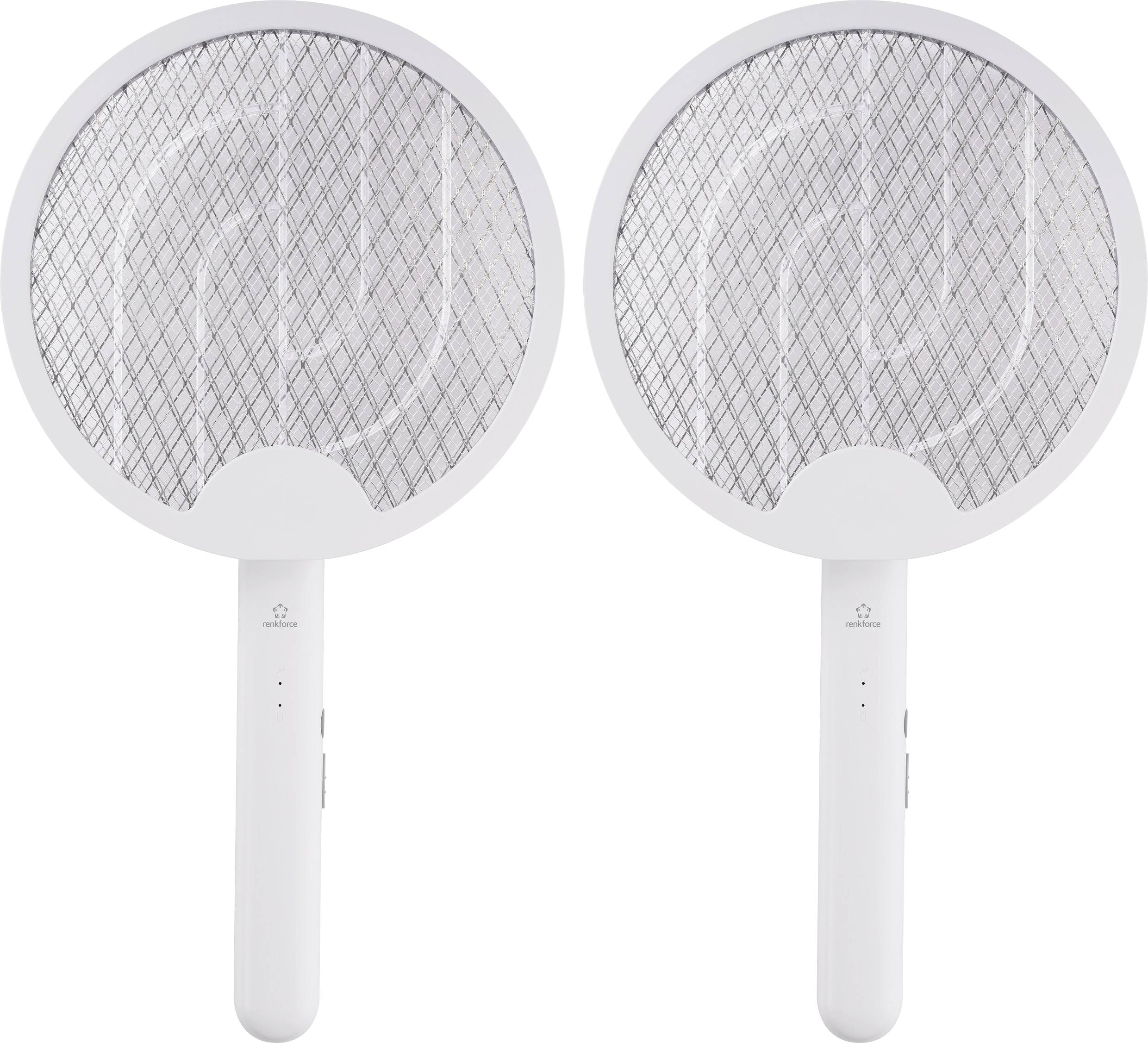 Zwei elektrische Fliegenklatschen nebeneinander, weiß mit einem Netz in der Mitte, auf weißem Hintergrund. Sie sind identisch.