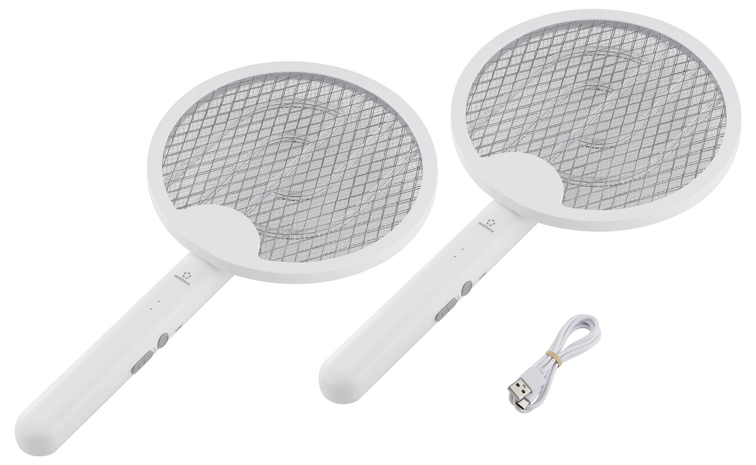 Zwei elektrische Fliegenklatschen mit USB-Ladekabel auf weißem Hintergrund.