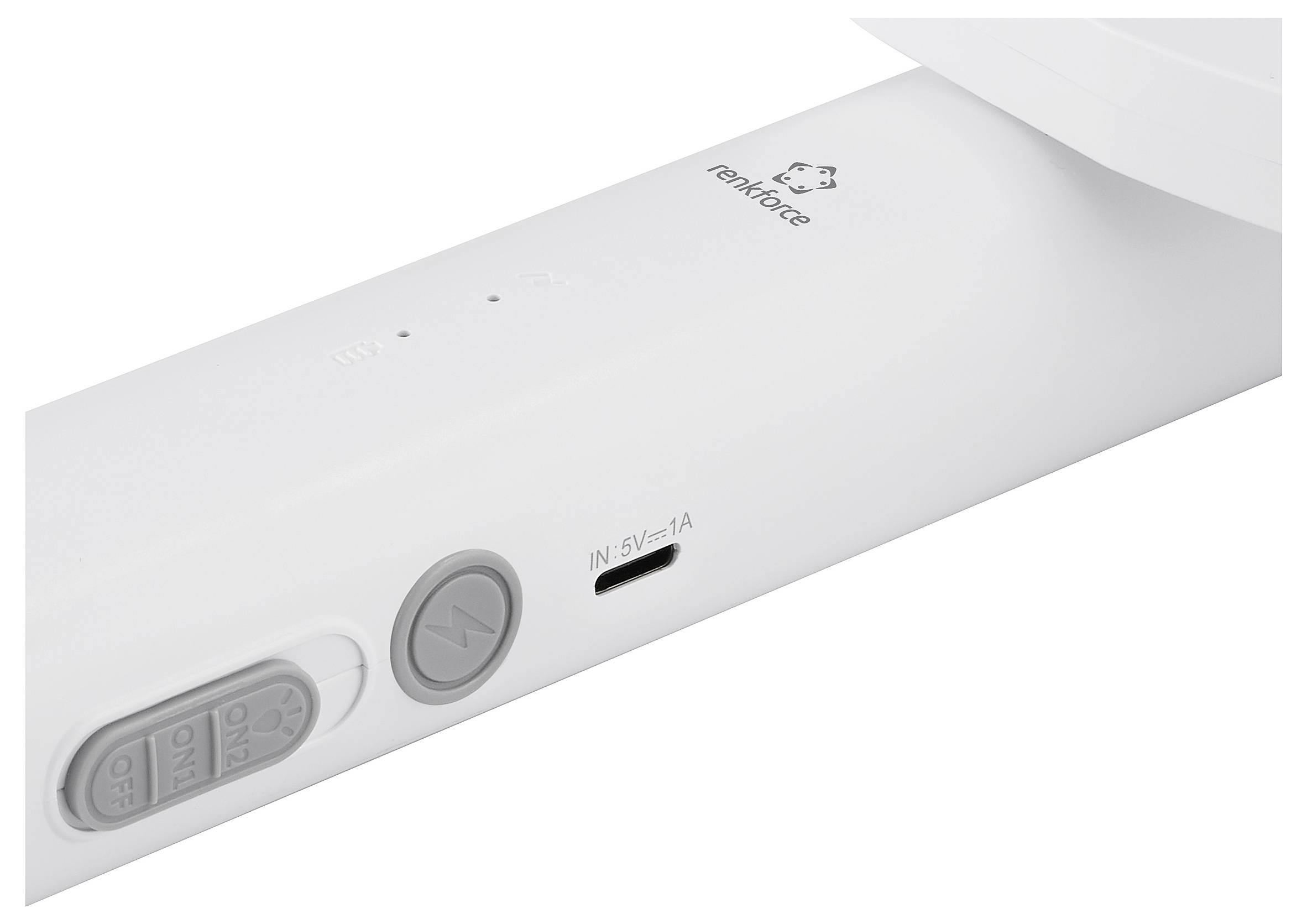 Ein weißer tragbarer Ventilator mit USB-Ladeanschluss, Power-Taste und Logo der Marke.