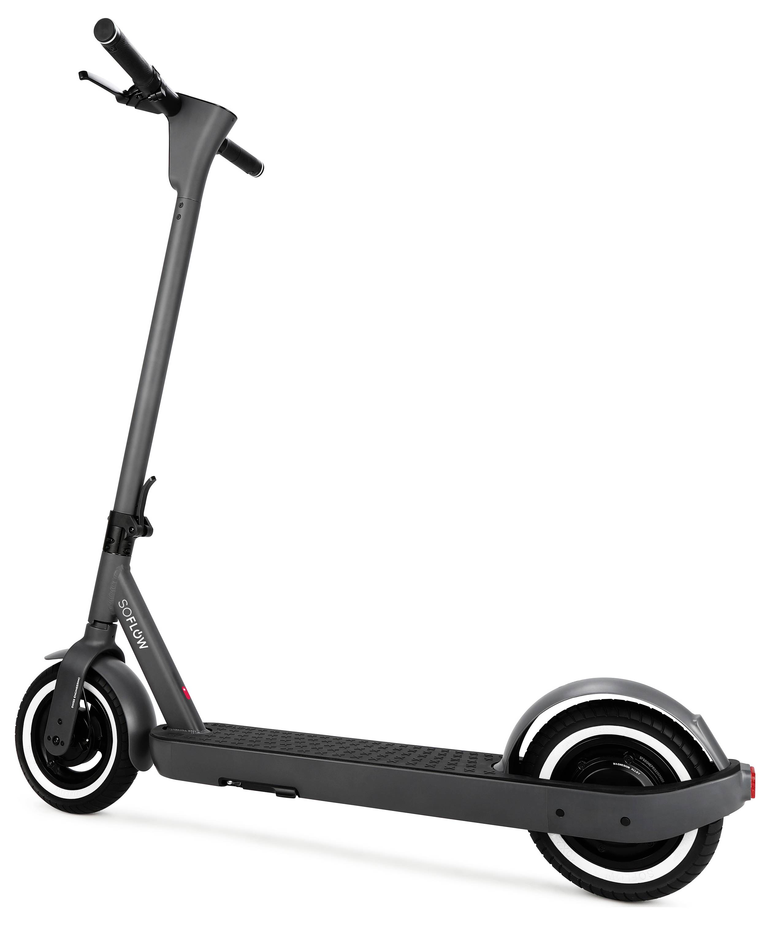 Ein schwarzer Elektroroller mit schlankem Design, Lenkerstange und zwei Rädern. Geeignet für den urbanen Verkehr.