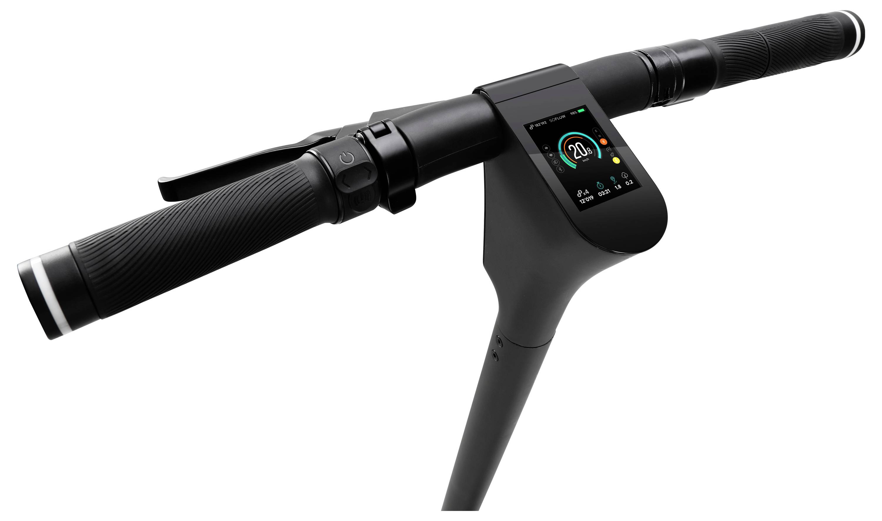 Ein moderner Elektroroller-Lenker mit einem digitalen Display, das die Geschwindigkeit von 20 km/h anzeigt. Griff und Bremse sichtbar.