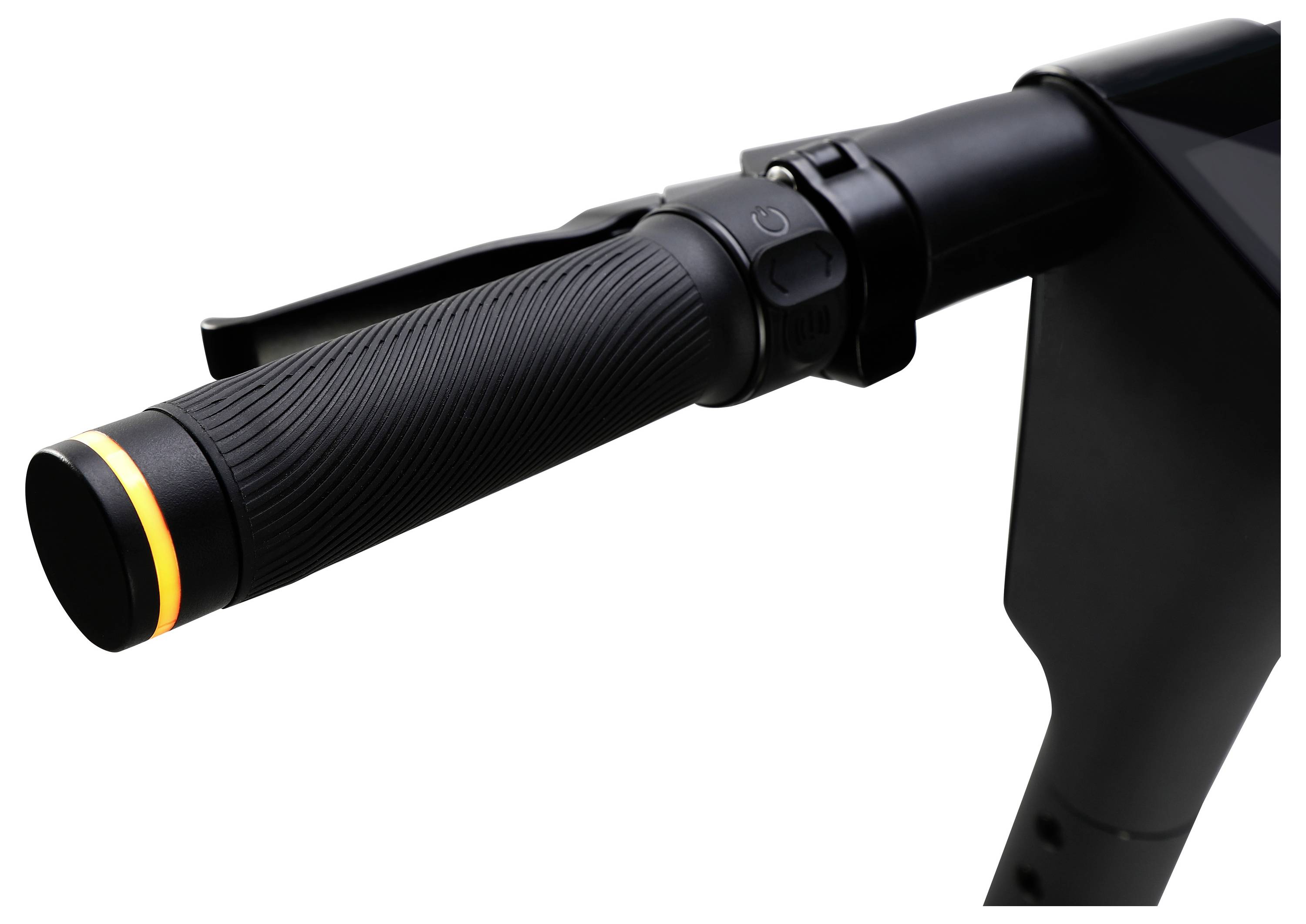 Schwarzer E-Scooter-Lenker mit Gummigriff und leuchtendem orangefarbenem Licht am Ende, zeigt Detail des Gashebels.