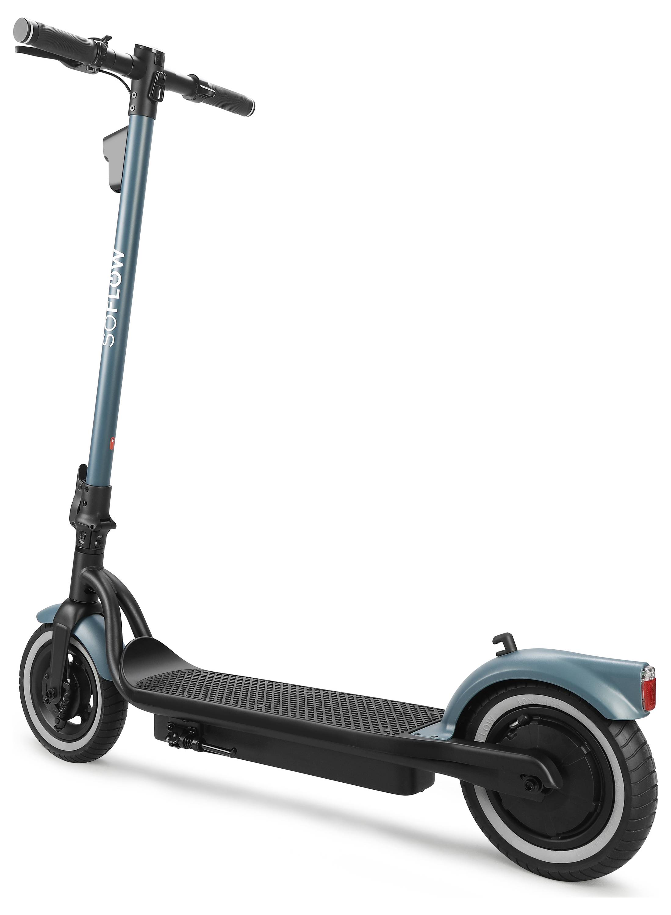 Elektroroller in blauer Farbe mit schwarzer Lenkstange und weiß umrandeten Rädern, seitliche Ansicht.