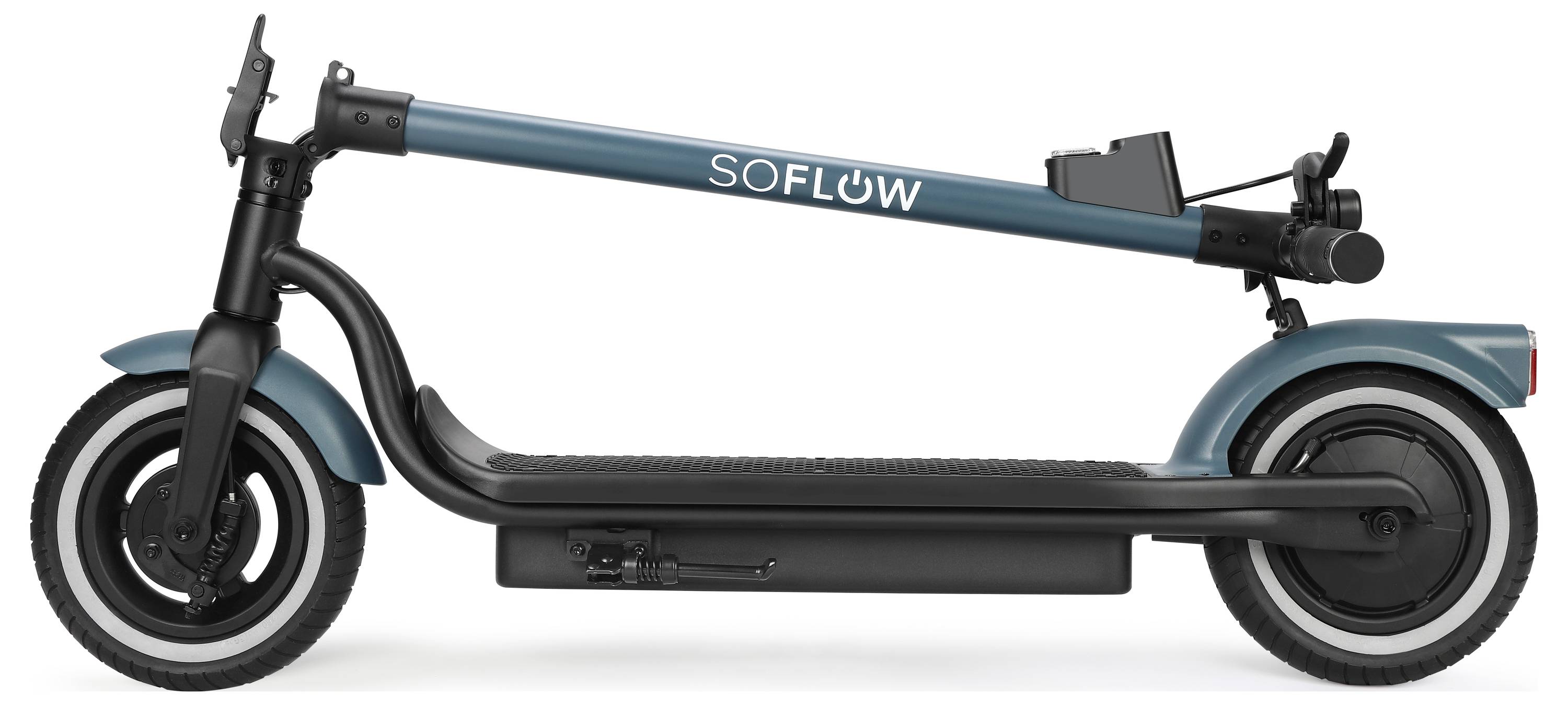 Klappbarer Elektroroller in Blau von der Seite, mit weißem Schriftzug 'SOFLOW', geeignet für den urbanen Transport.