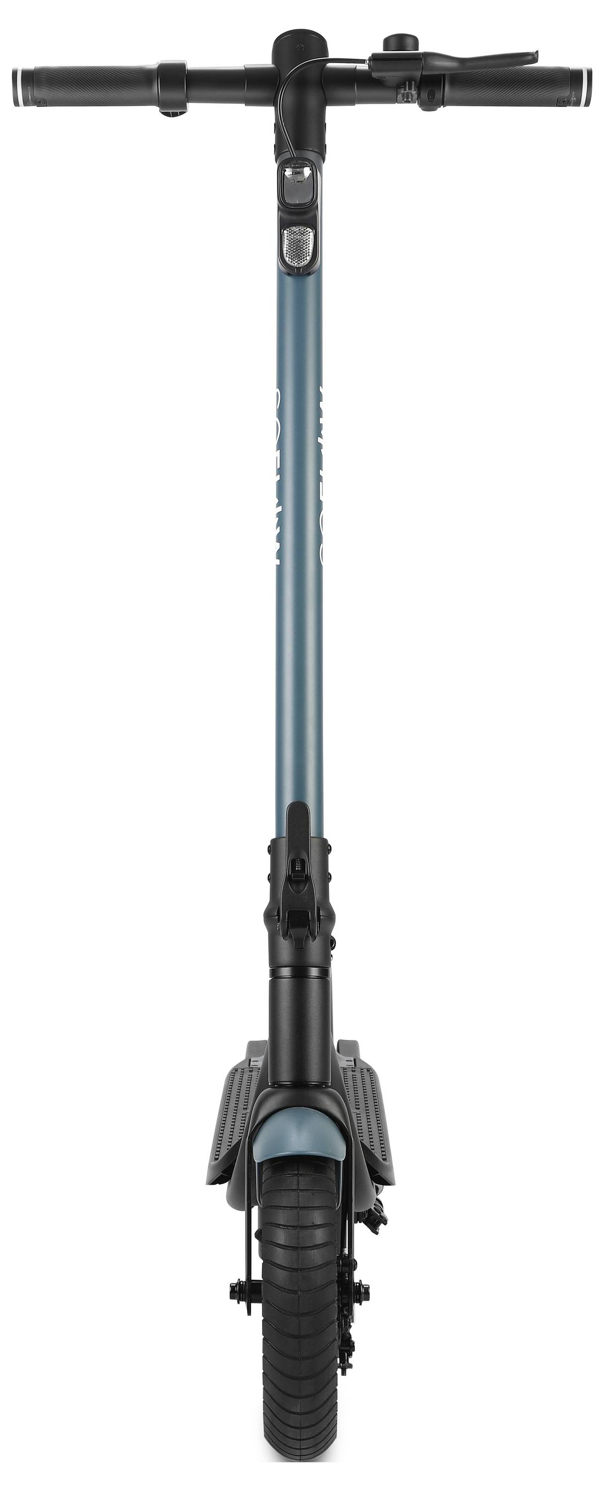 Elektroroller in Frontalansicht, blau-schwarz, mit LED-Anzeige am Lenker.