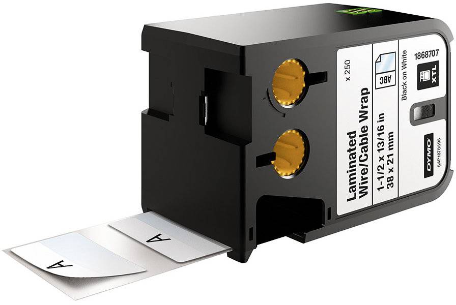 Etikettenkassette mit zwei Etiketten in Schwarz-Weiß, bedruckt mit 'A'. Sie ist für beschichtete Draht- und Kabelbeschriftung geeignet.