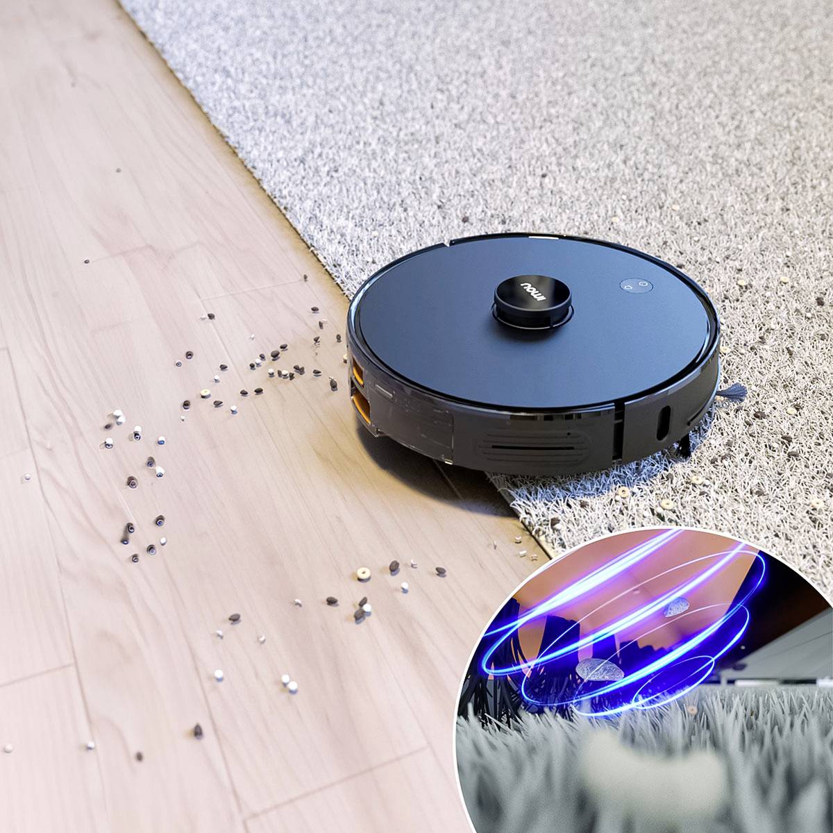 Ein Saugroboter auf einem Holzfußboden wechselt auf einen Teppich, während er Schmutz aufsaugt. Im Einsatz wird ein Lasersystem gezeigt.