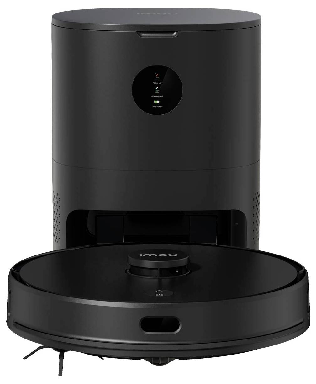 Ein schwarzer Saugroboter vor einer Ladestation mit aufrechtem Design. Auf dem Roboter steht 'imou', oben ein digitaler Bildschirm.