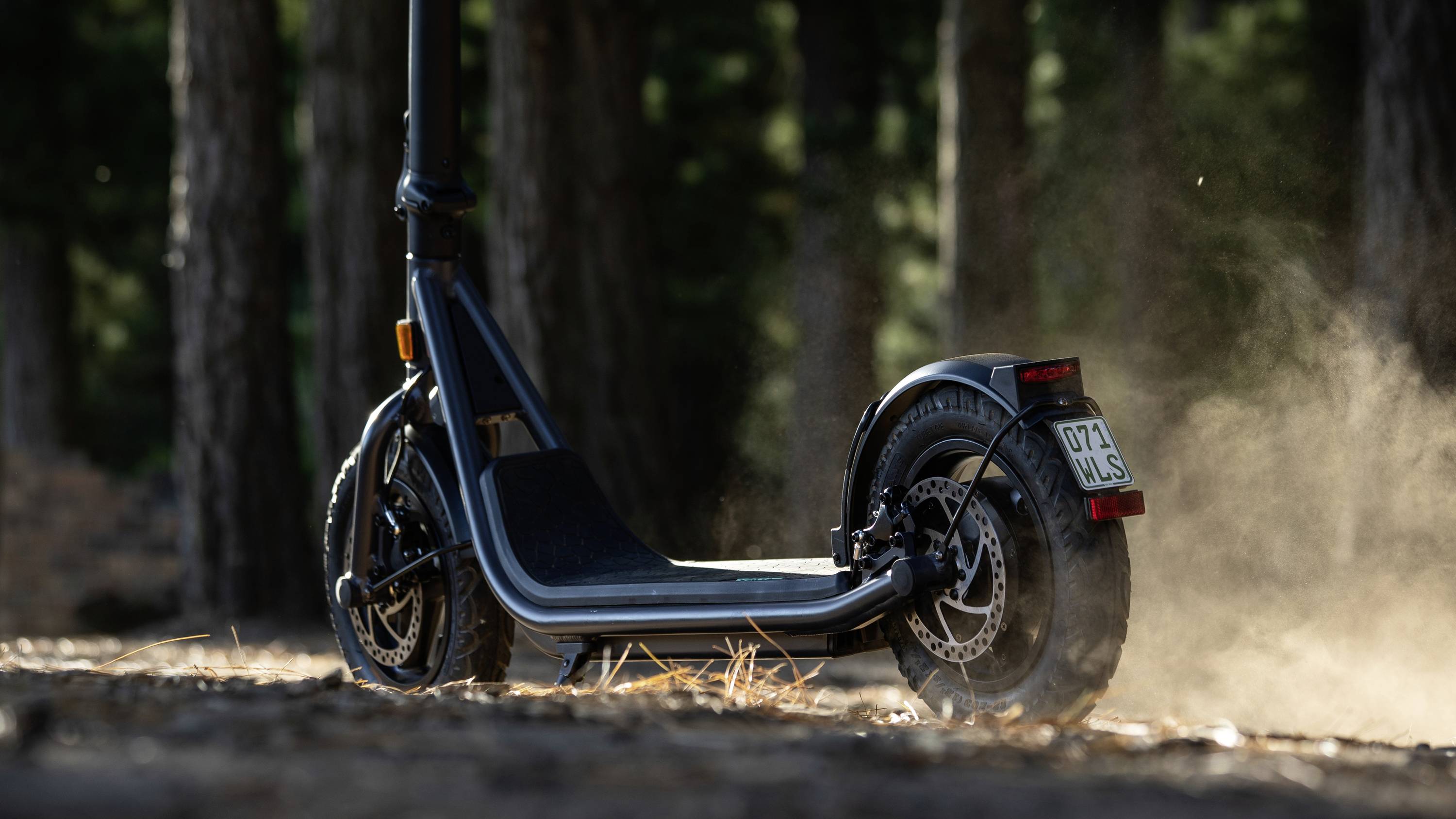 E-Scooter fährt über einen staubigen Waldweg, trockenes Laub herumwirbelnd, im Hintergrund stehen Bäume.