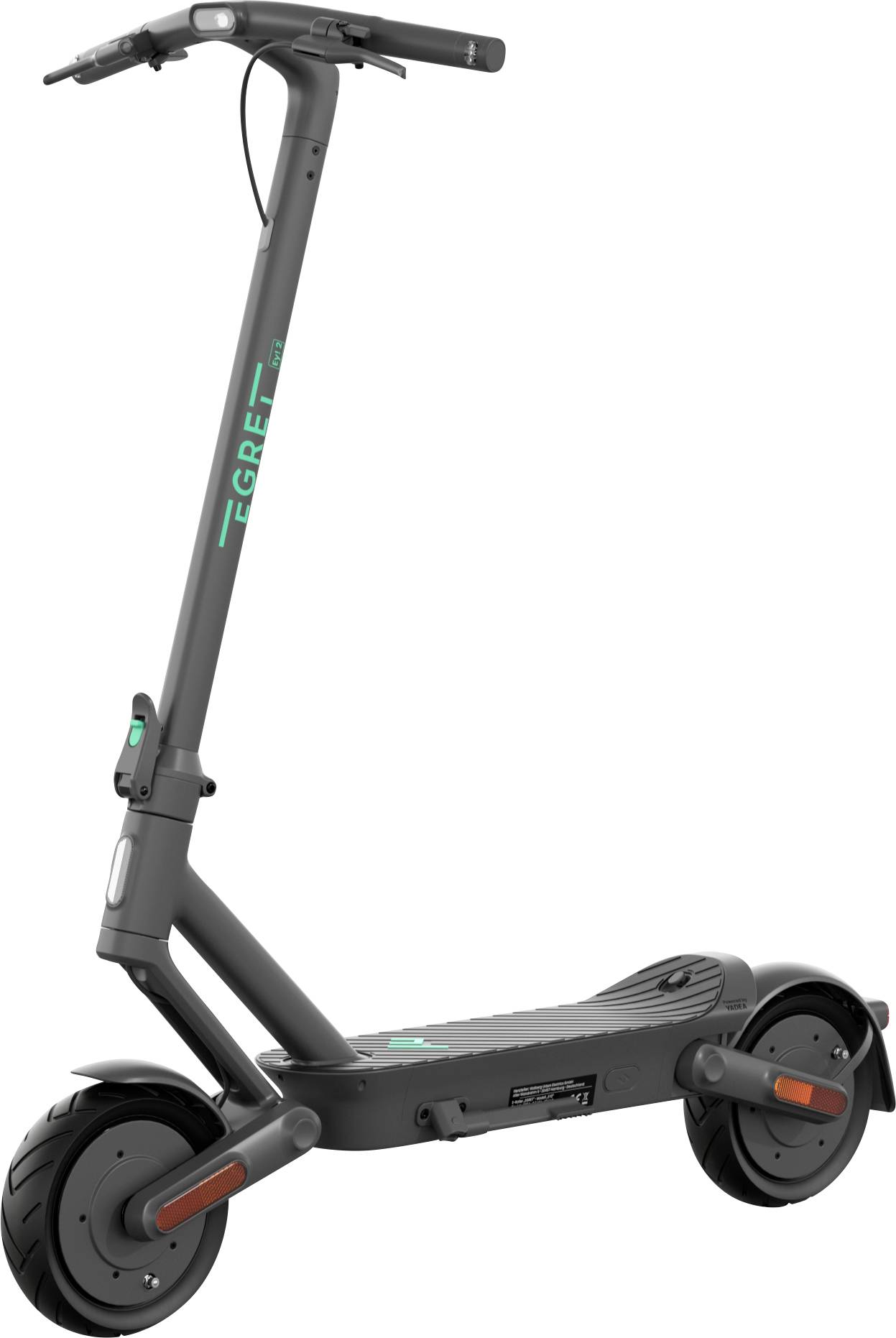 Ein schwarzer E-Scooter mit grünem Logo auf der Stange. Das Design ist modern und schlank, mit großen Rädern und einem stabilen Trittbrett.