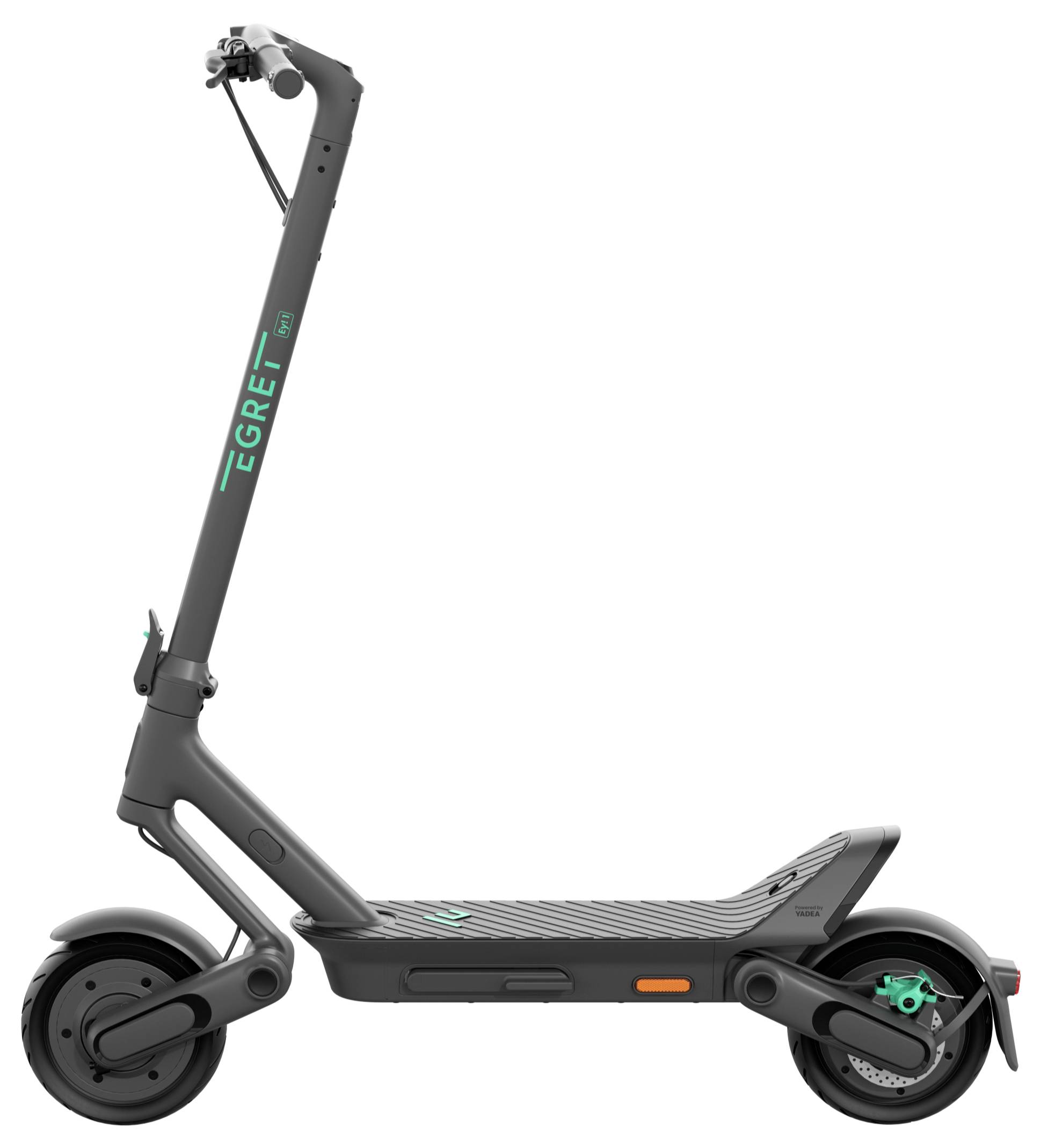 Ein schwarzer Elektroroller mit grünen Details steht seitlich. Der Lenker ist gerade, und die Reifen sind dick und stabil.