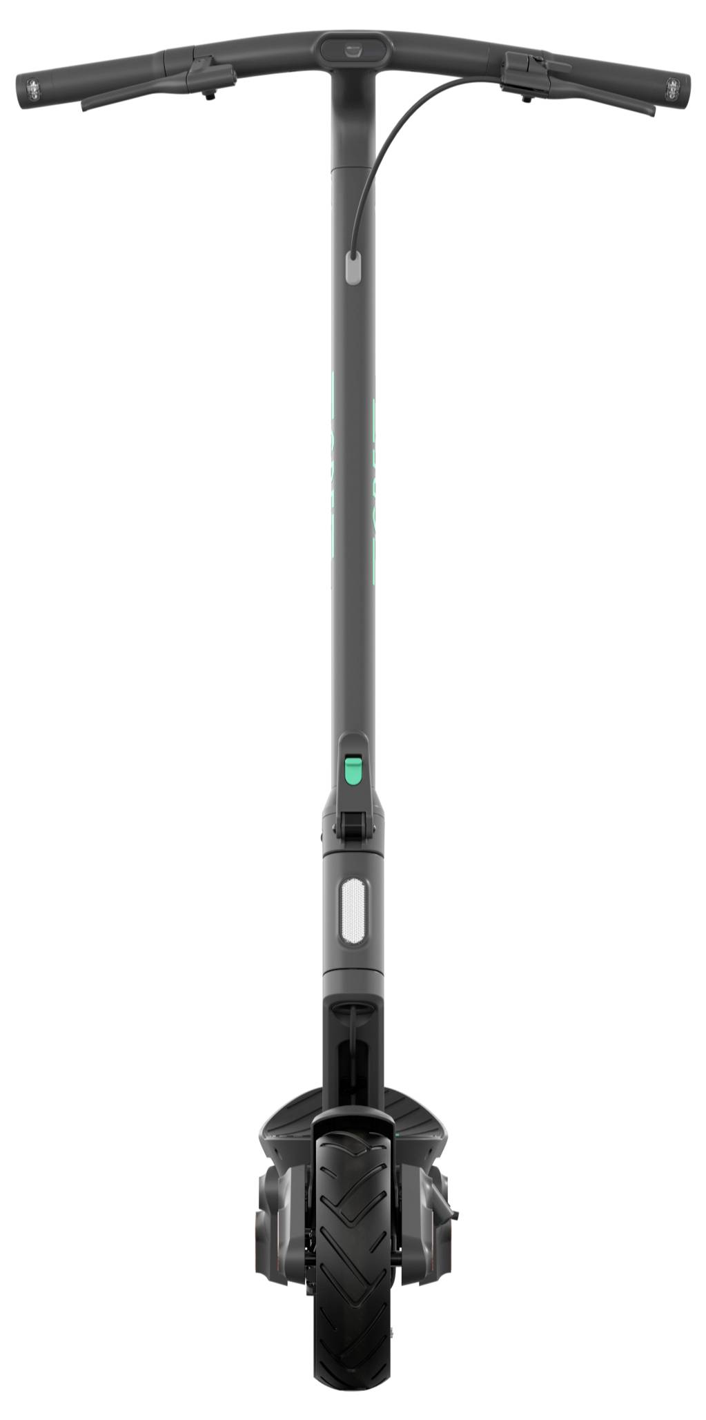 Elektroroller in Frontalansicht, schwarzes Design, schmaler Lenker, robuster Reifen, geeignet für städtische Mobilität.