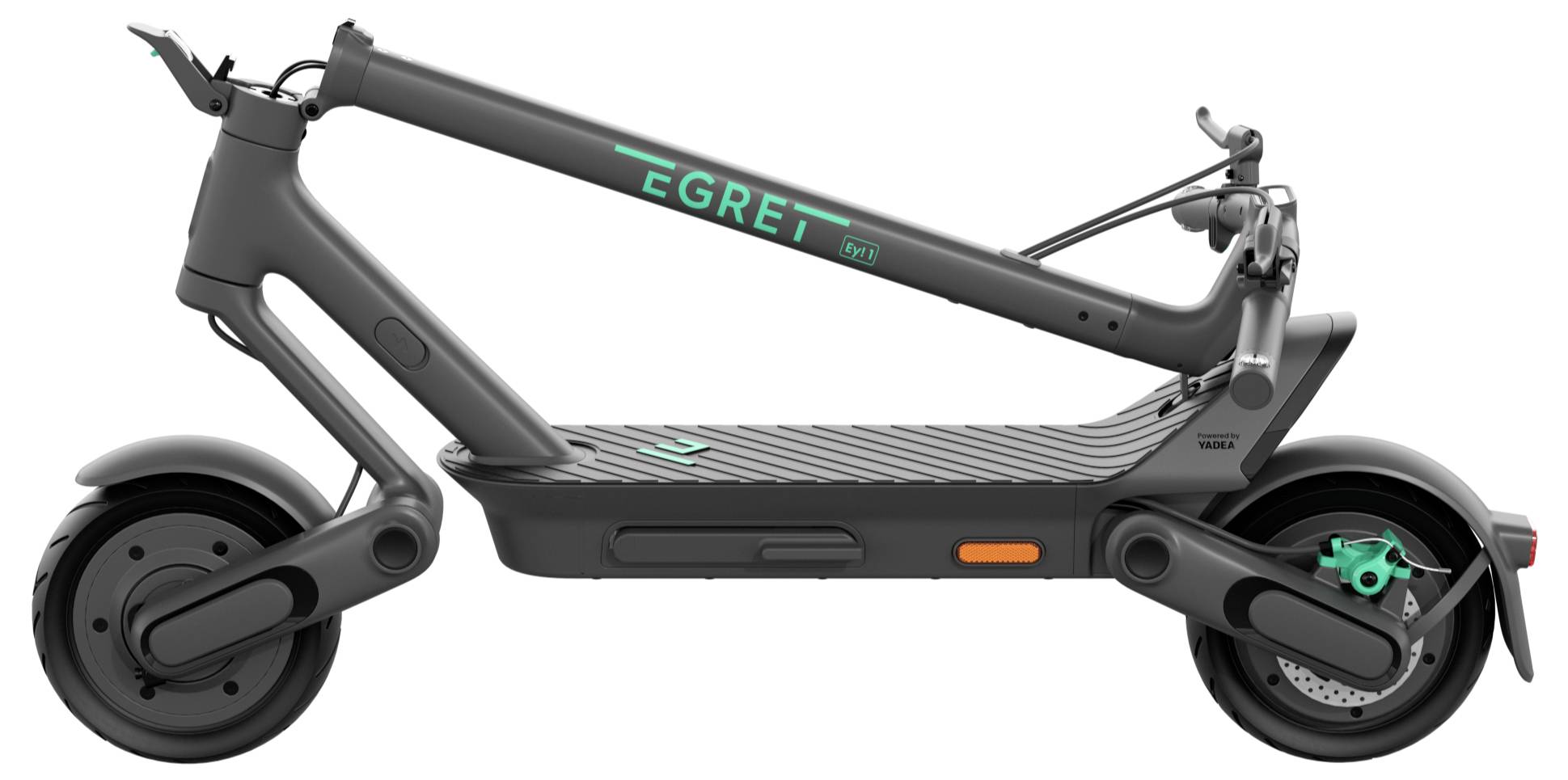 Ein zusammengeklappter Elektroscooter auf weißem Hintergrund. Der Rahmen ist grau mit dem Text 'EGRET' in Türkis.