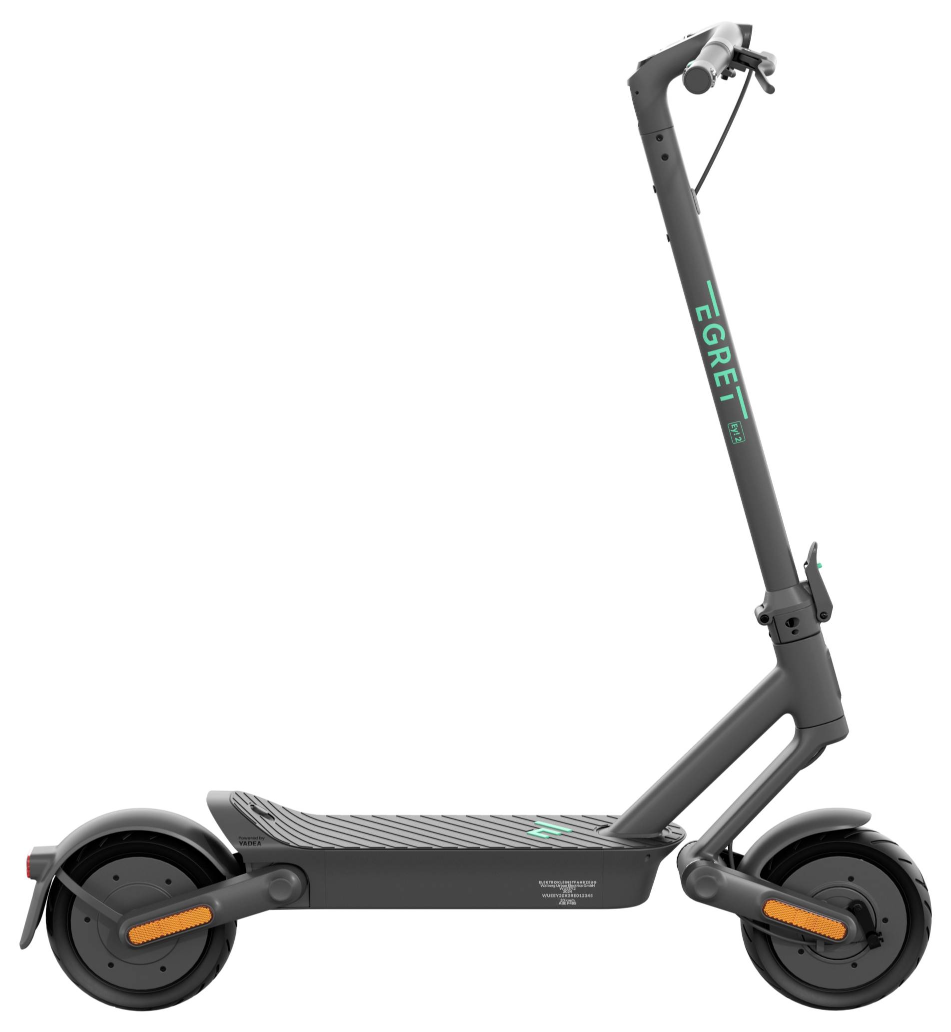 Elektroroller 'Egret' in seitlicher Ansicht mit schwarzem Rahmen, breiten Reifen und Trittbrett. Geeignet für urbane Mobilität.