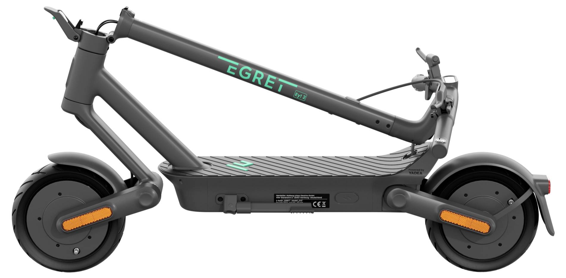 Elektroroller in seitlicher Ansicht, dunkelgraues Design mit grünen Akzenten, abgebildet auf weißem Hintergrund.