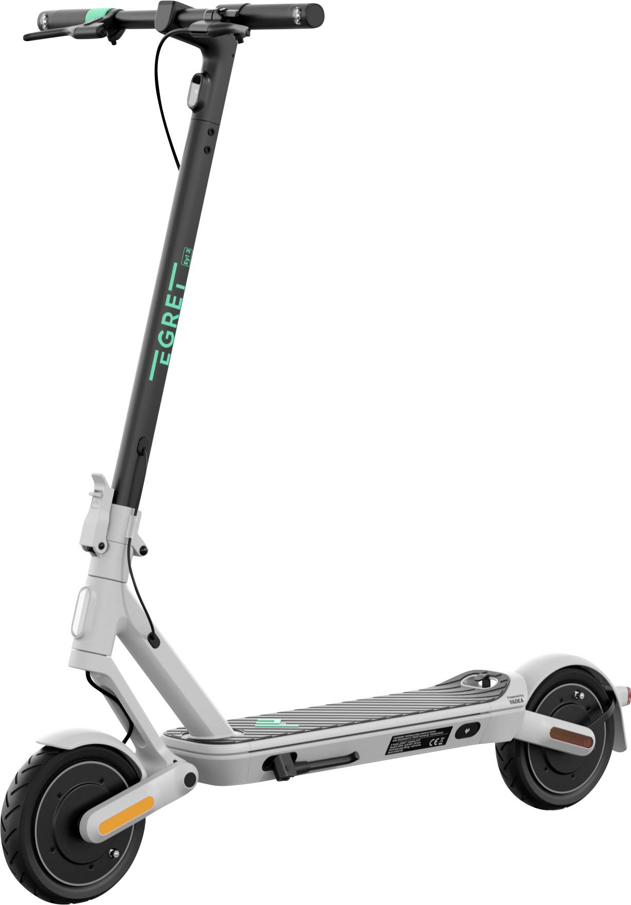 Elektroroller in Seitenansicht. Modernes Design, graue Farbe, mit schwarzem Lenker und Fußtritt. Vorder- und Hinterräder deutlich sichtbar.