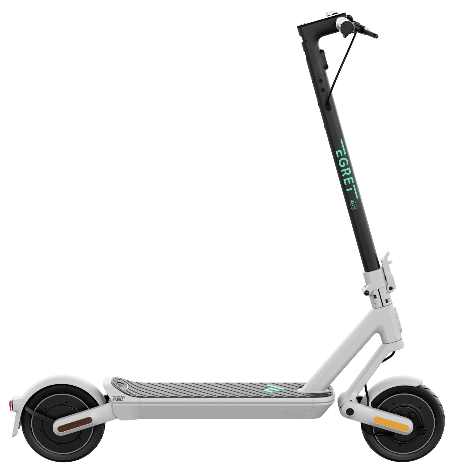 Ein weißer Elektroscooter mit schwarzem Lenker und grünen Akzenten, seitlich abgebildet.