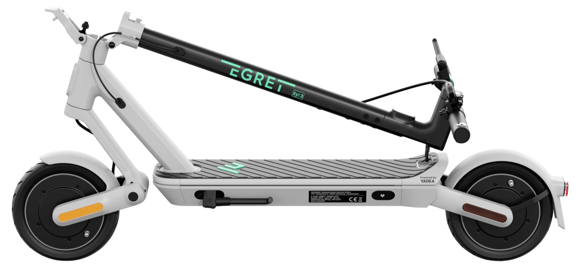 Weißer E-Scooter in Seitenansicht mit schwarzem Lenker. Der Scooter ist zusammengeklappt, Markenname 'EGRET' gut sichtbar am Rahmen.