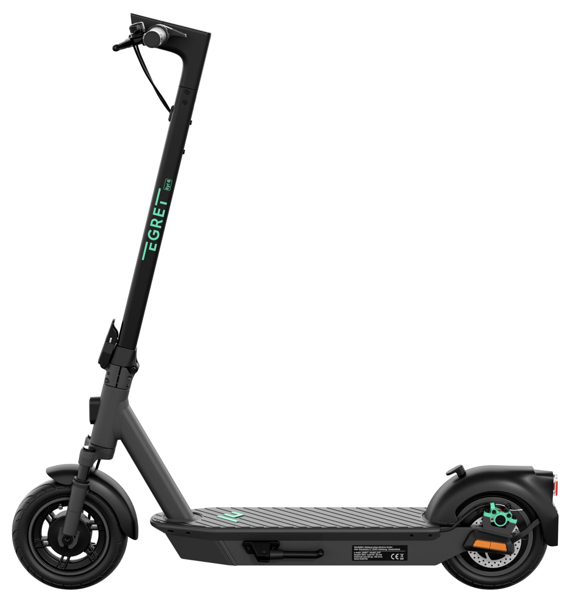 Elektroroller mit schwarzem Rahmen und zwei Rädern, in Seitenansicht. Im oberen Bereich ist 'EGRET' in Türkis zu sehen.