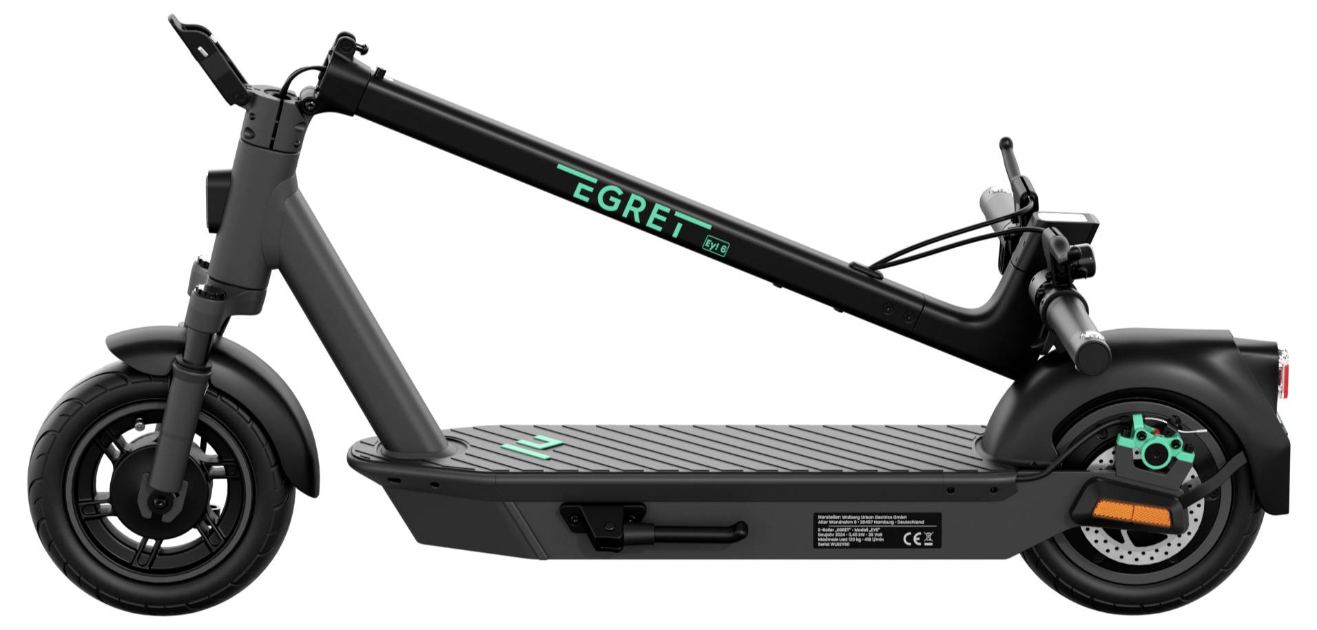 Elektroroller seitlich, zusammengeklappt. Schwarzes Design mit grünem 'EGRET'-Schriftzug auf dem Rahmen.