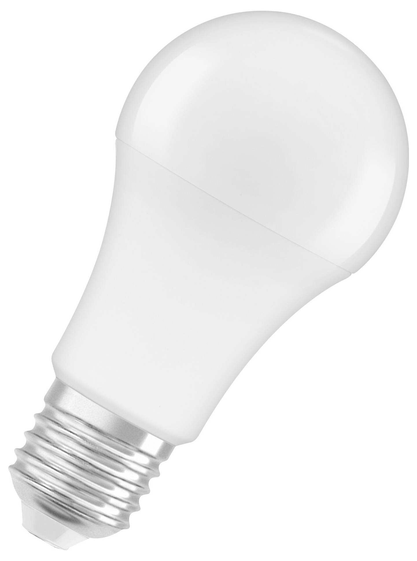 Eine weiße LED-Glühbirne mit einem silbernen Schraubsockel, dargestellt vor einem neutralen Hintergrund.