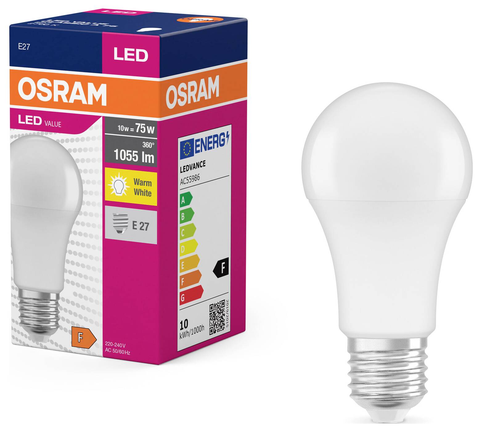 Glühbirne und Verpackung von Osram, LED, 10W, 1055 Lumen, E27-Sockel, Energieklasse F. Verpackung mit warmweißer Lichtangabe.