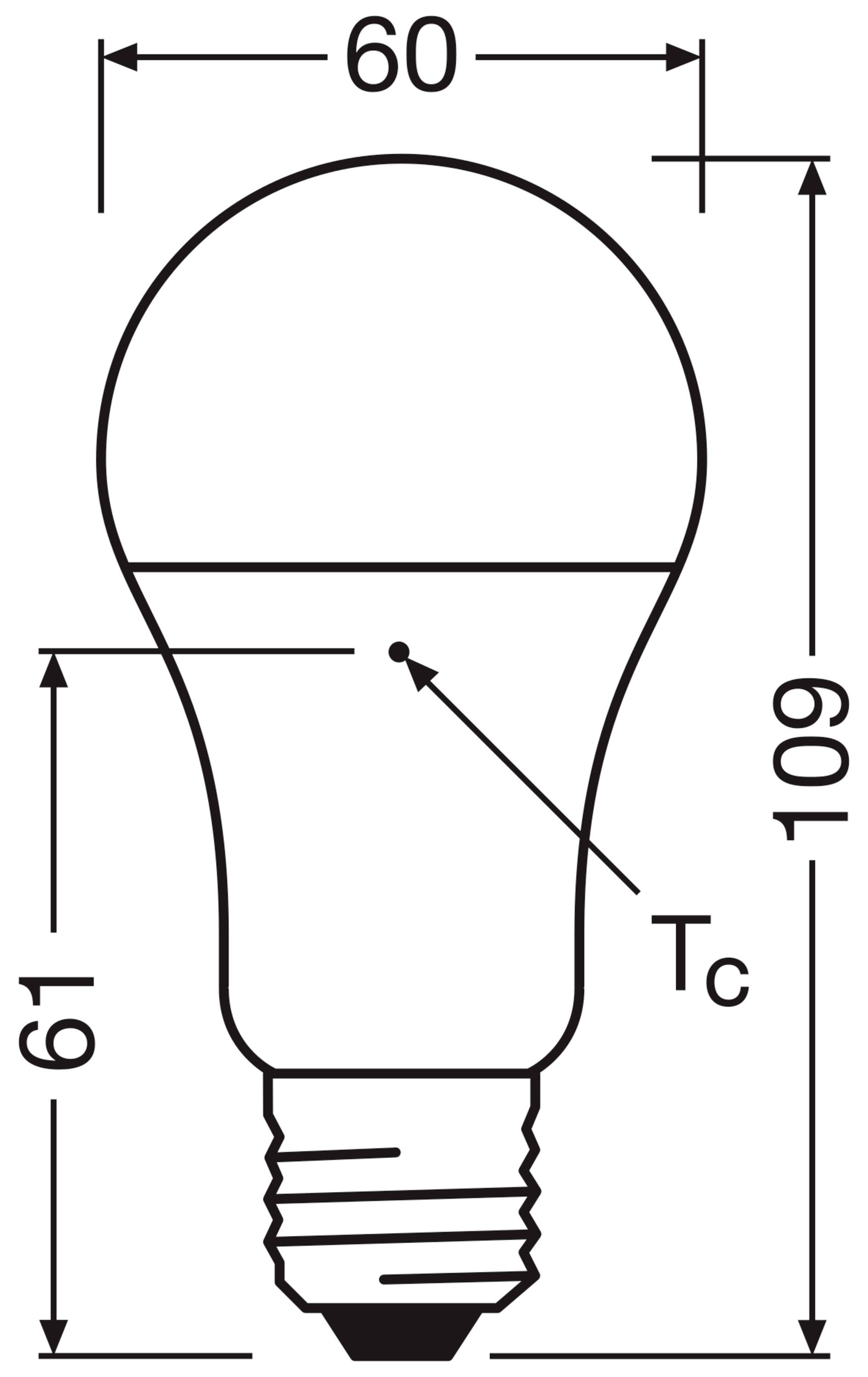 Diagramm einer Glühbirne mit Maßen: Höhe 109 mm, Breite 60 mm, Sockeldurchmesser 61 mm, Temperaturpunkt 'Tc'.
